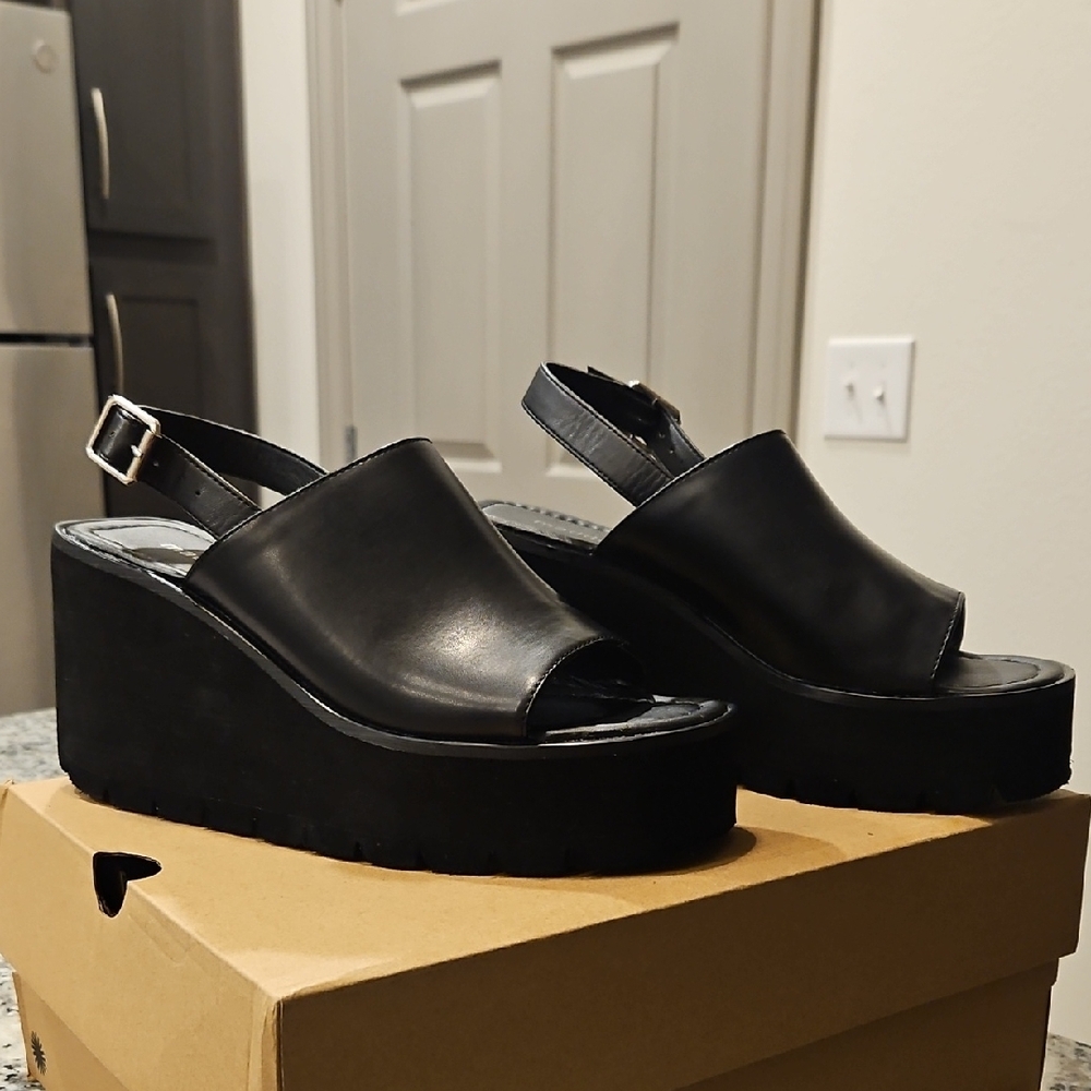 Black Leather Wedge Sandals
